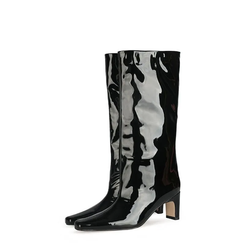Shiny Patent Leather Square Heel Slip-on Go-Go Boots