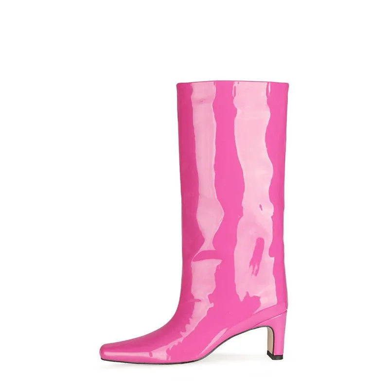 Shiny Patent Leather Square Heel Slip-on Go-Go Boots
