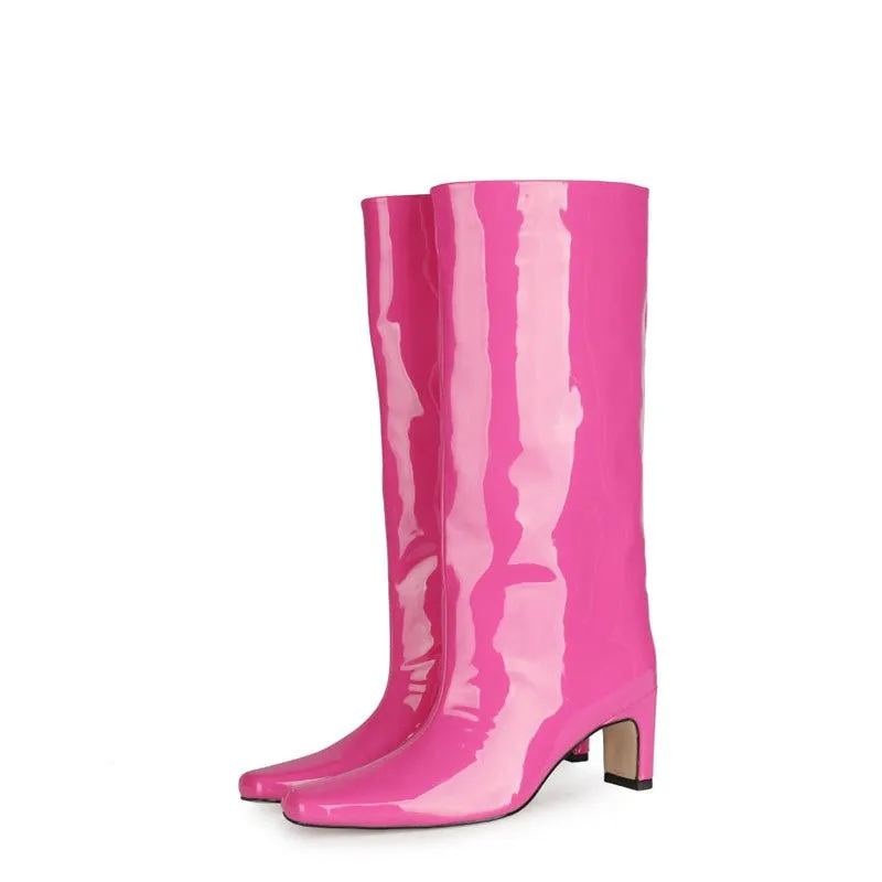 Shiny Patent Leather Square Heel Slip-on Go-Go Boots