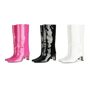 Shiny Patent Leather Square Heel Slip-on Go-Go Boots