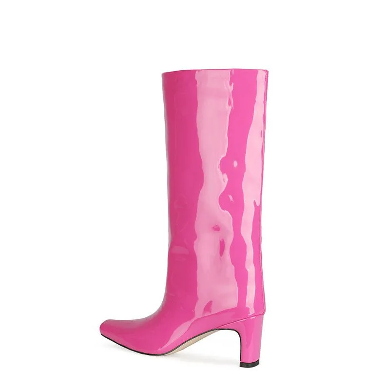 Shiny Patent Leather Square Heel Slip-on Go-Go Boots