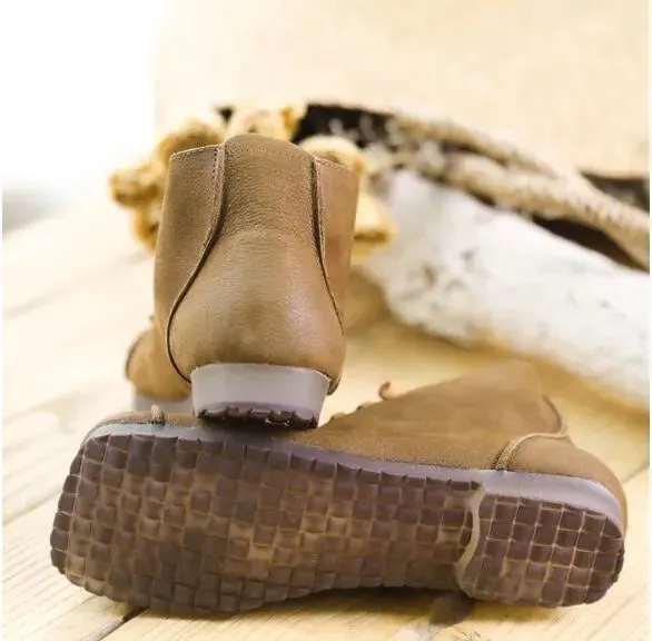 Vintage Brown Leather Lace-Up Women's Low Heel Martin Boots