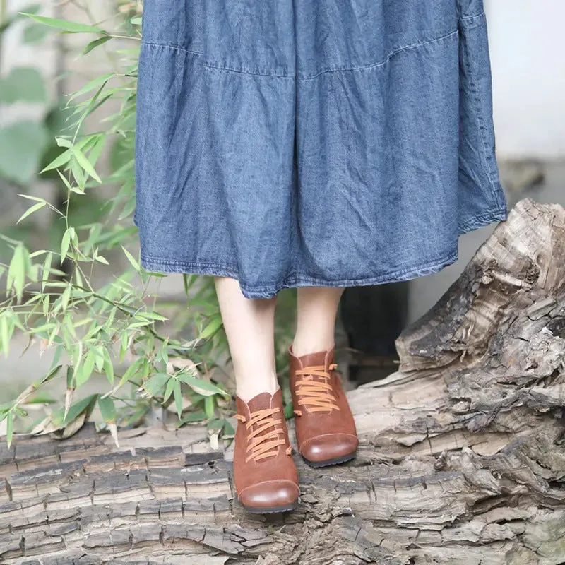 Vintage Brown Leather Lace-Up Women's Low Heel Martin Boots