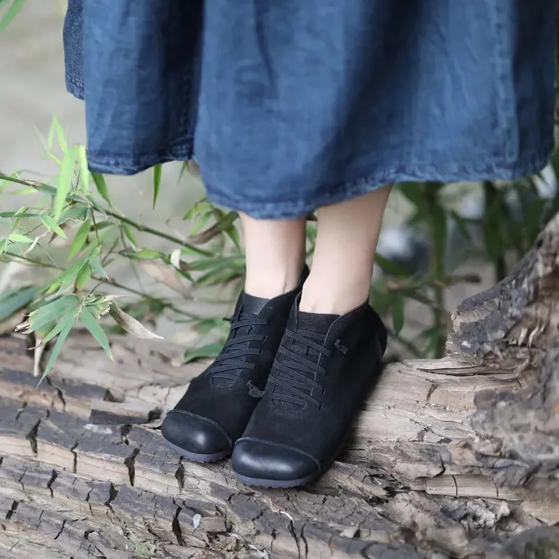 Vintage Brown Leather Lace-Up Women's Low Heel Martin Boots