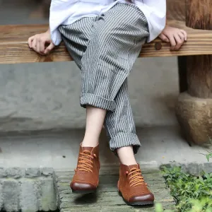 Vintage Brown Leather Lace-Up Women's Low Heel Martin Boots