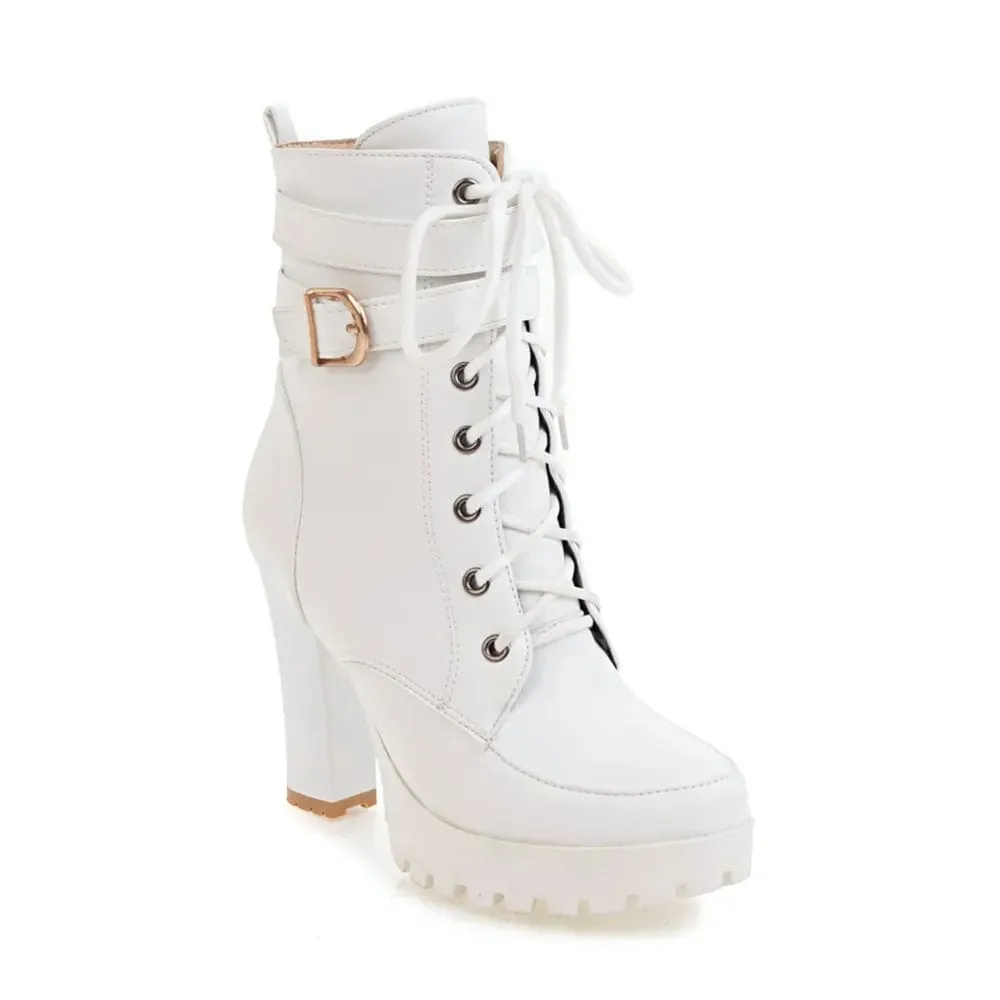 Women Motorcycle  High Heel Platforms Sexy Botas Buckle White
