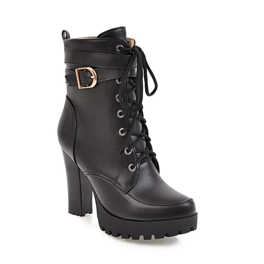Women Motorcycle  High Heel Platforms Sexy Botas Buckle White
