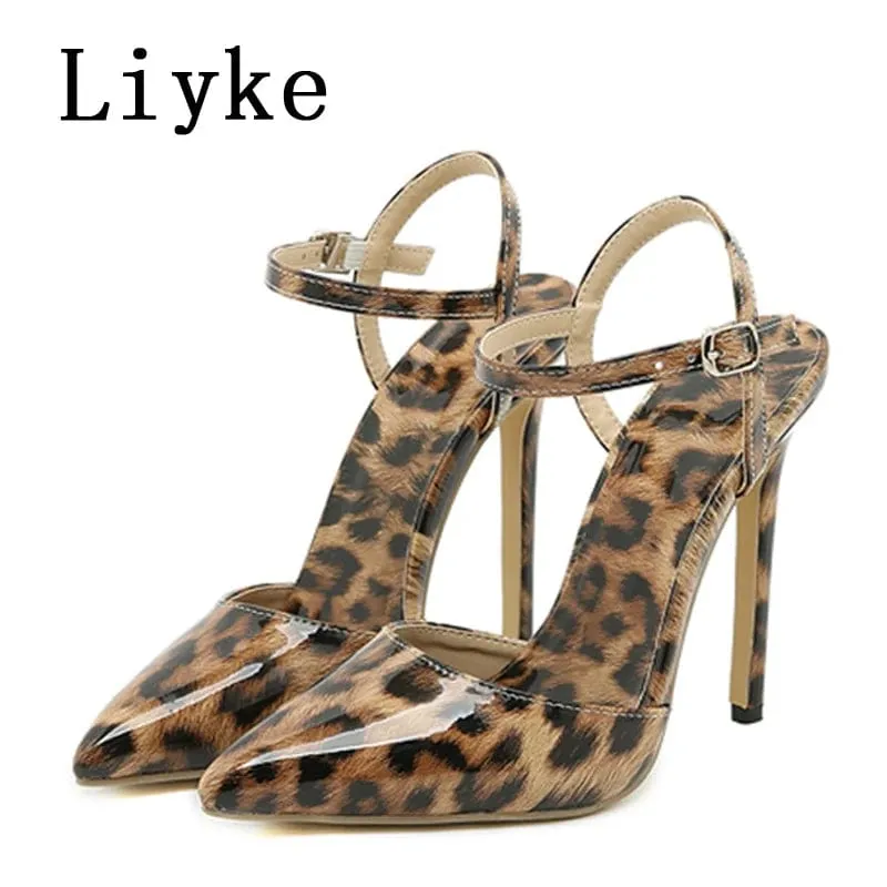 Women  Sexy Leopard Grain Pointed Toe Buckle Strap Stiletto High Heels Pumps Shoes