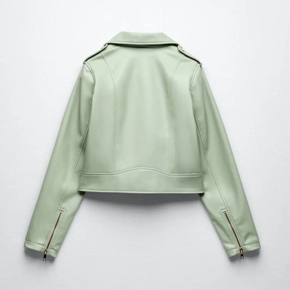 Women's Lambskin Riding Leather Biker Jacket In Green