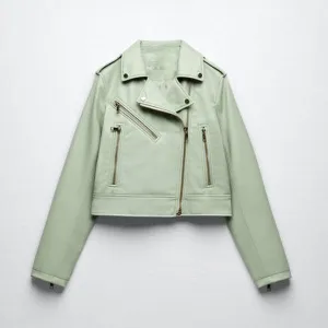 Women's Lambskin Riding Leather Biker Jacket In Green
