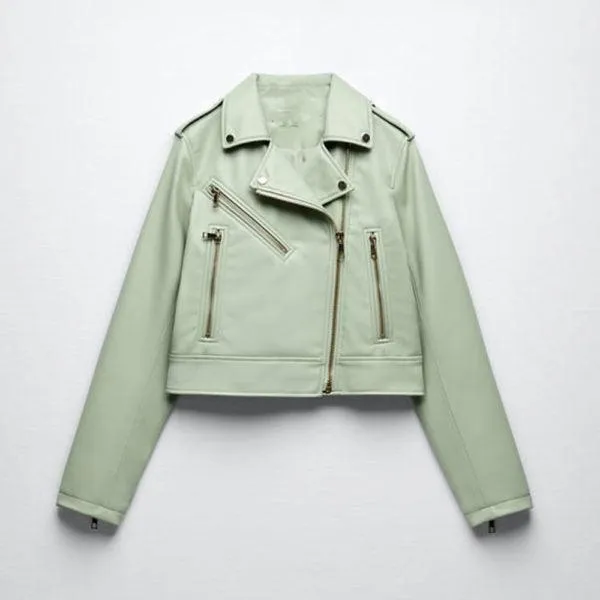 Women's Lambskin Riding Leather Biker Jacket In Green