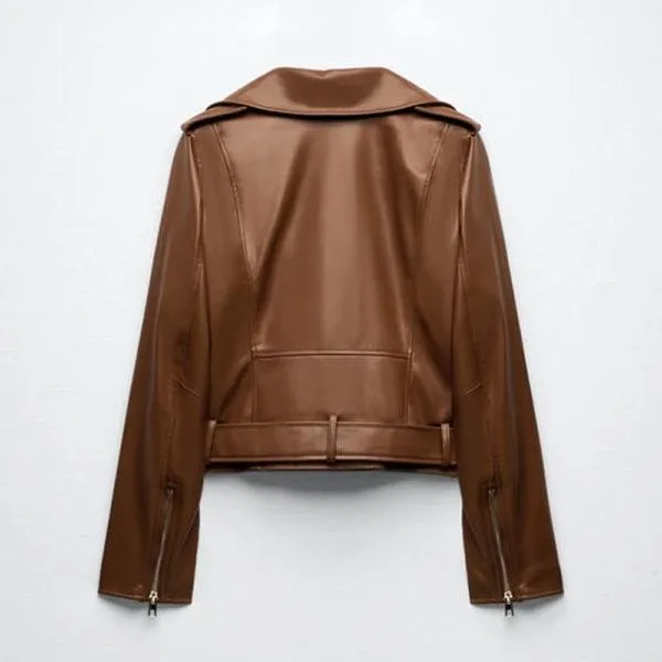 Women's Motorcycle Sheepskin Leather Biker Jacket In Brown