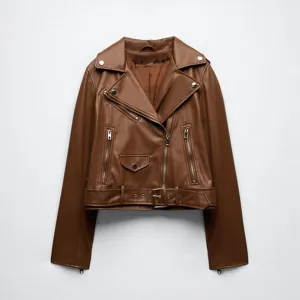 Women's Motorcycle Sheepskin Leather Biker Jacket In Brown