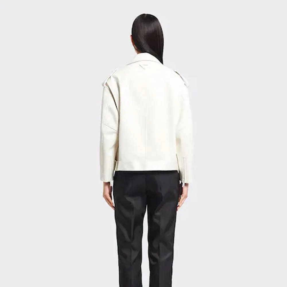 Women's white motorcycle leather biker jacket