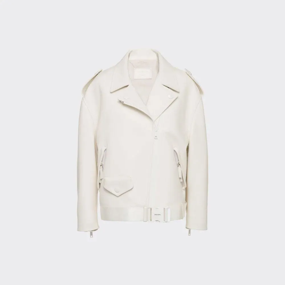 Women's white motorcycle leather biker jacket